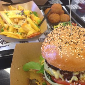 Notorious SUMO burger, truffle oil fries and bitterballen at Vegan Junk Food Bar - 2D in Amsterdam