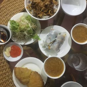 pancake, stuffed rolls, rice noodles, peanut sauce; all together 42k at An Nhien in Hue