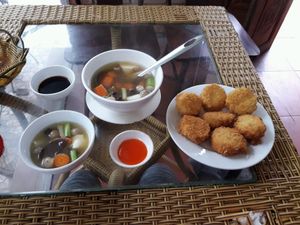 tofu/mushroom soup & fried tofu at An Nhien in Hue