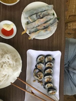 Vegan Sushi and Rice Paper Rolls ( called rice cakes or something on menu) at An Nhien in Hue