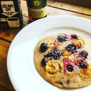 vegan blueberry and banana pancakes! at The Organic Bee Cafe in Wadebridge