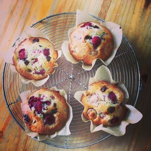 Raspberry & Chocolate Chip Muffins, all our cakes are home-made!  at The Organic Bee Cafe in Wadebridge