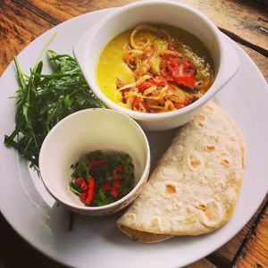 Tarka Dhal with flat bread - VEGAN at The Organic Bee Cafe in Wadebridge