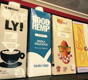 VARIETY of dairy-free milks including: Oatly Barista, Hemp, Almond & Bonsoy at The Organic Bee Cafe in Wadebridge