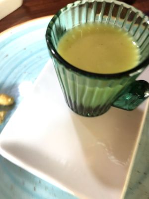 Amuse bouche asparagus potato soup  at Lluvia in Alicante