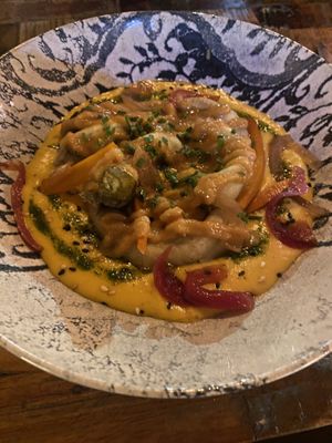 Glazed eggplant in cauliflower curry sauce   at Lluvia in Alicante