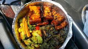 Jerk Tofu, curry veggies, greens at Ninth Square Market Caribbean Style in New Haven