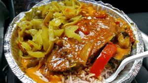 ";Fish";Curry (no coconut milk), cabbage, rice and peas at Ninth Square Market Caribbean Style in New Haven