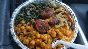 Ginger ";chicken";, kale, curry chickpeas, plantains, homemade hot sauce at Ninth Square Market Caribbean Style in New Haven
