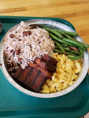 Mac n Cheeze, Green Beans, Jerk Tofu and Rice & Beans at Ninth Square Market Caribbean Style in New Haven