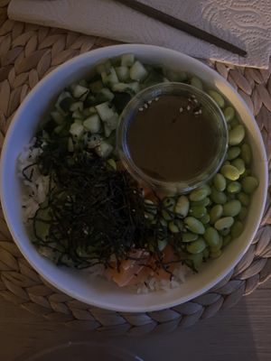 Poke bowl with cucumber, avocado, edamame and vegan salmon (I built my own)  at Poké Perfect in Utrecht