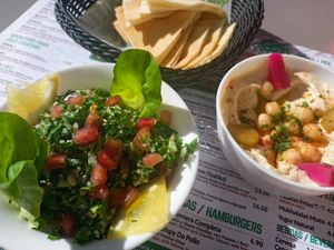Tabbouleh and hummus + pita bread at El Rincon de Beirut in Sevilla