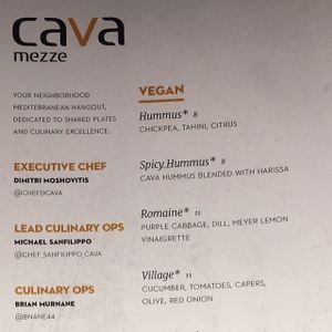 vegan menu at Cava Mezze in Rockville