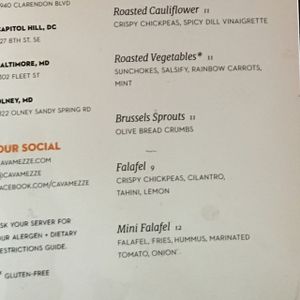 vegan menu at Cava Mezze in Rockville
