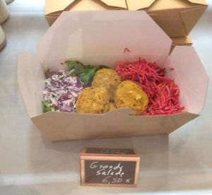 large salad raw vegetables with falafel not fried at Picorette in Gap