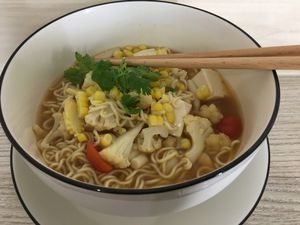 Tom Yum Noodle Soup at Simple Lifestyle Healthy Vegetarian Cafe in Central Singapore