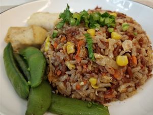 Kimchi Fried Rice with Miso Radish Soup.  at Simple Lifestyle Healthy Vegetarian Cafe in Central Singapore