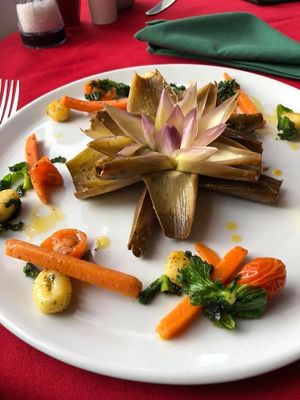 Oven baked fresh artichoke with kale pesto and gnocci at Faringo's in Blackpool