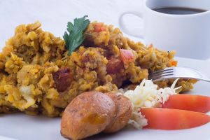 Ecudorian Green Banana with veggie chorizo  at Dulce Albahaca Deli Restaurant in Quito
