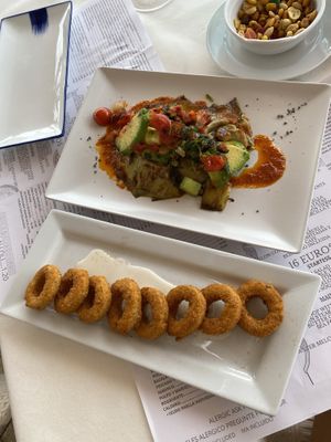 Vegan Calamari with vegan blue cheese at Antonio's Restaurant in Cartagena