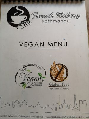 Vegan menu at French Bakery in Kathmandu