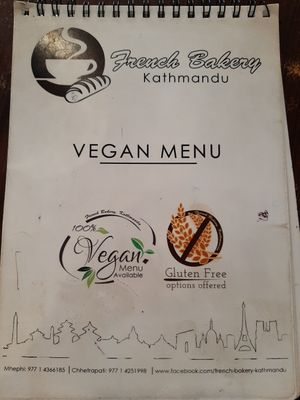 Vegan menu at French Bakery in Kathmandu
