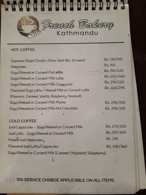 Vegan menu at French Bakery in Kathmandu