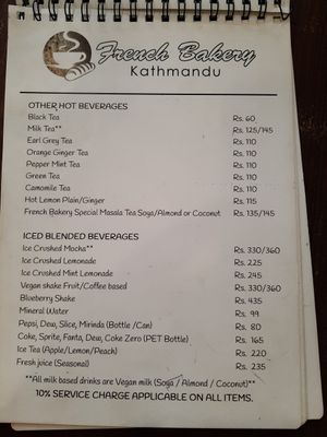 Vegan menu at French Bakery in Kathmandu