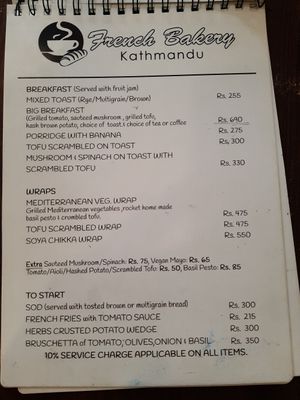 Vegan menu at French Bakery in Kathmandu