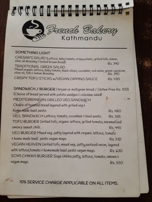 Vegan menu at French Bakery in Kathmandu