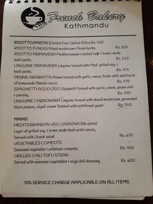 Vegan menu at French Bakery in Kathmandu