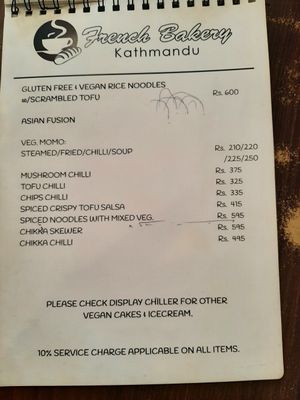 Vegan menu at French Bakery in Kathmandu