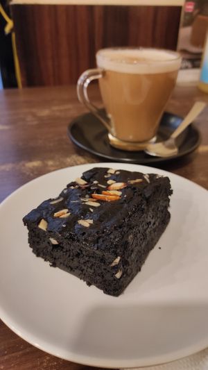Vegan brownie and soya masala tea at French Bakery in Kathmandu