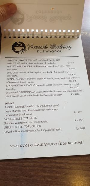 Menue 2 at French Bakery in Kathmandu