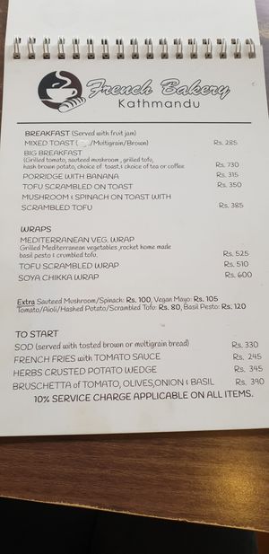 Menue 4 at French Bakery in Kathmandu