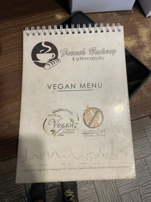 Separate vegan menu  at French Bakery in Kathmandu