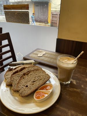 Toast with fruit jam and iced latte with soy milkk  at French Bakery in Kathmandu
