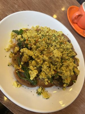 Scrambled tofu with Mushrooms and spinach and toastt  at French Bakery in Kathmandu