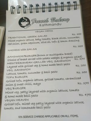 vegan menu at French Bakery in Kathmandu