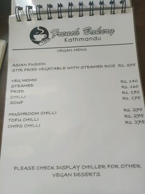 vegan menu at French Bakery in Kathmandu