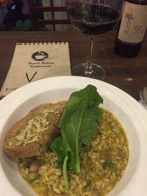 Risotto primavera and garlic bread at French Bakery in Kathmandu