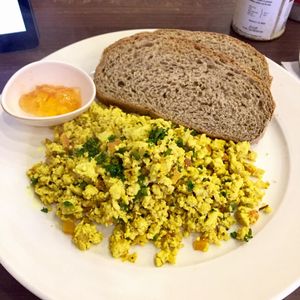 Scrambled tofu for breakfast! at French Bakery in Kathmandu