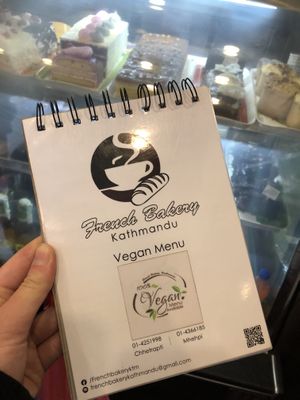 Vegan menu - lots of options  at French Bakery in Kathmandu