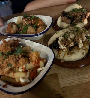 Jackfruit fries, chilli tofu bites, tofu bao & mushroom bulgogi bao! at The Pond in Brighton