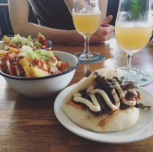 Mushroom bao with vegan fries 💛 at The Pond in Brighton