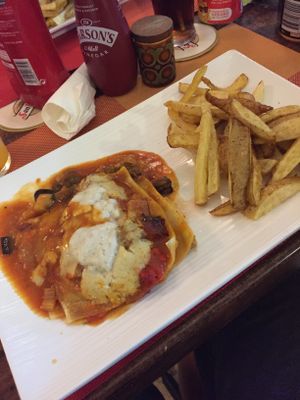Vegan Lasagne and chips  at The Corra Linn in Salou