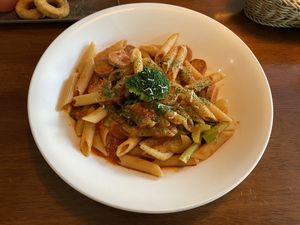Spicy marinara pasta with veggie sausage  at Veggie Wonderland in Taichung