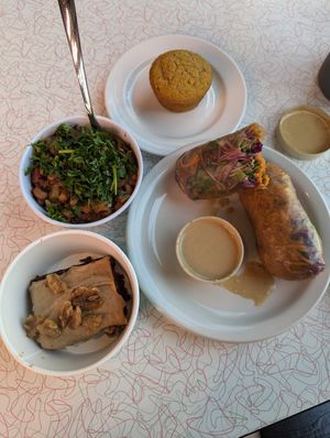 Adzuki brownie, hoppin John bowl (special), fresh veggie rolls, and a delicious corn muffin at The Full Bowl in Cedar Rapids