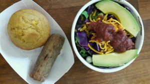 Vegan corn muffin, vegan grilled sausage, No Coast Bowl +optional avocado slices (non-vegan cheese for my partner) at The Full Bowl in Cedar Rapids