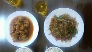 Mock chicken and tarmarind/ mock goat lemongrass at Huong Sen in Ha Giang